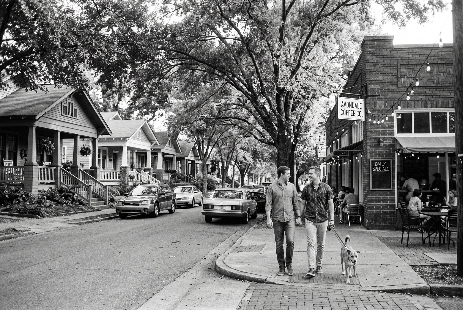 Couple walking their dog past shops and porches in Avondale