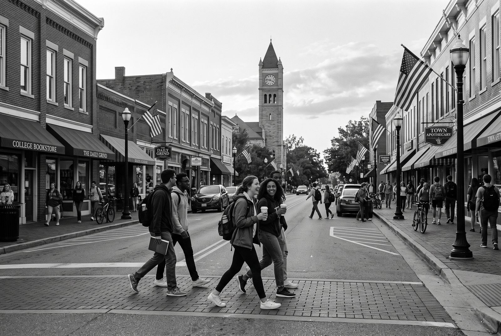 Busy main street with shops and pedestrians