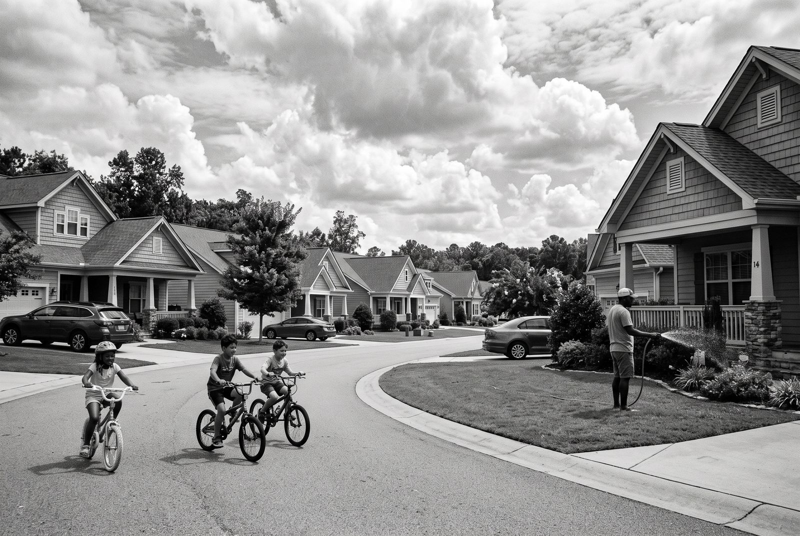 Kids riding bikes down a friendly neighborhood street